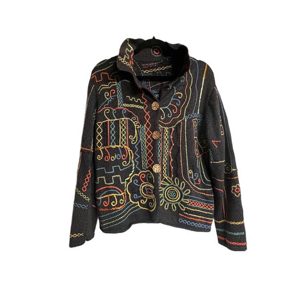 VTG Chico’s Abstract Folk Embroidered Boho Sweater Size M Wearable Art Festival - Picture 1 of 5